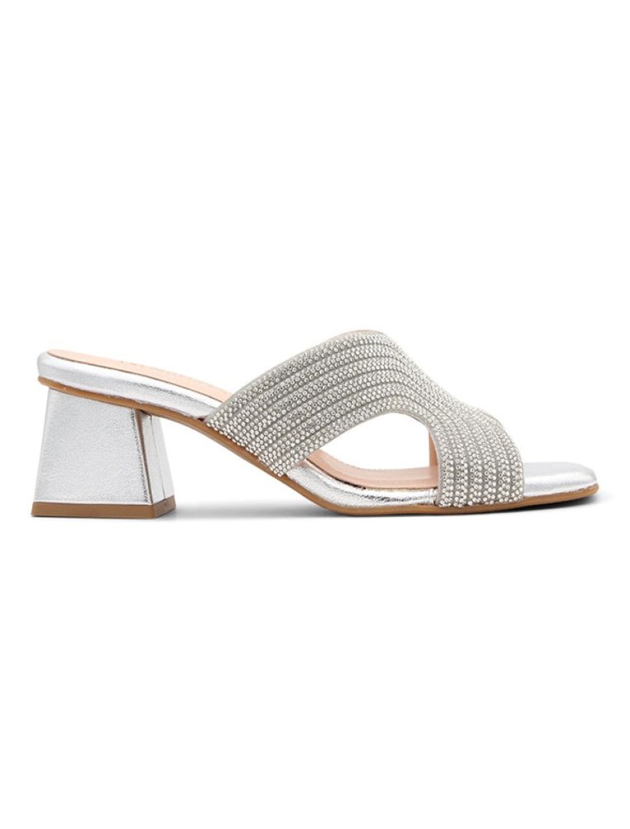 Nuria Cobo Sandalias De Tacon Bajo | Sandalia Strass Chic Plata